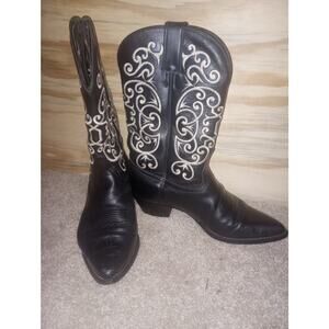 Women's Tony Lama Vintage Boots Black Leather White Embroidered 7.5 Western